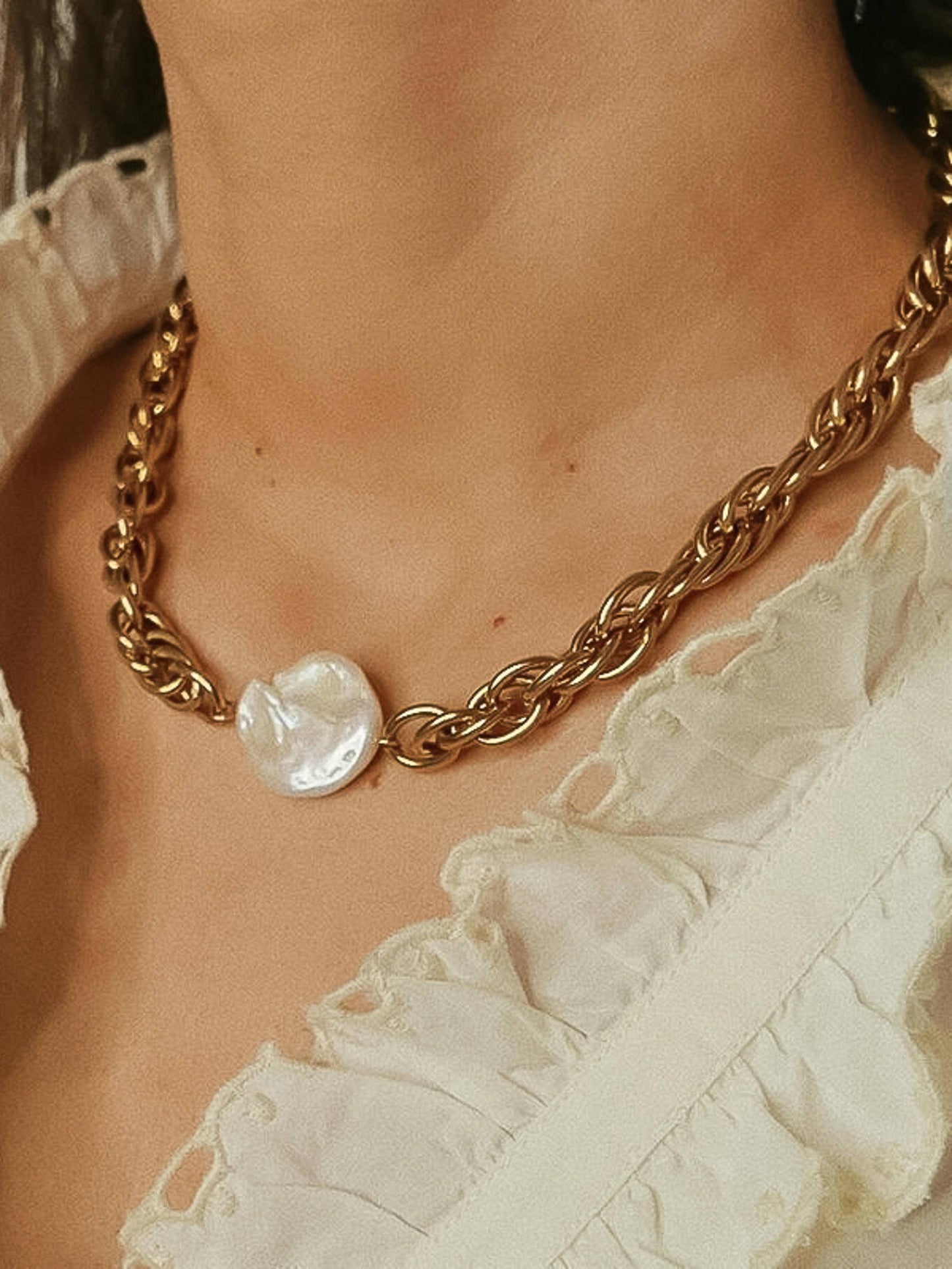 18K Gold Pearl Chain Necklace